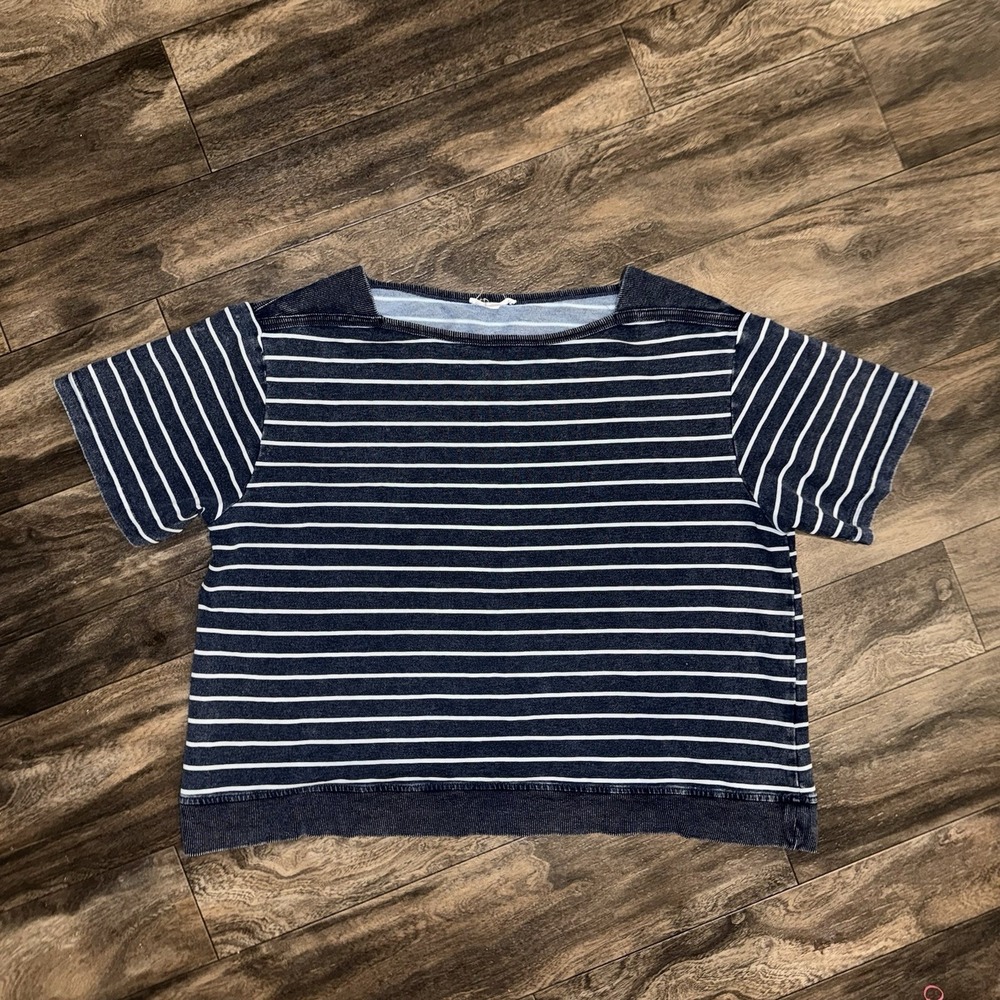 Jane & Delancey Women's XL Striped Top Short Sleeve Wide Boatneck Navy Blue